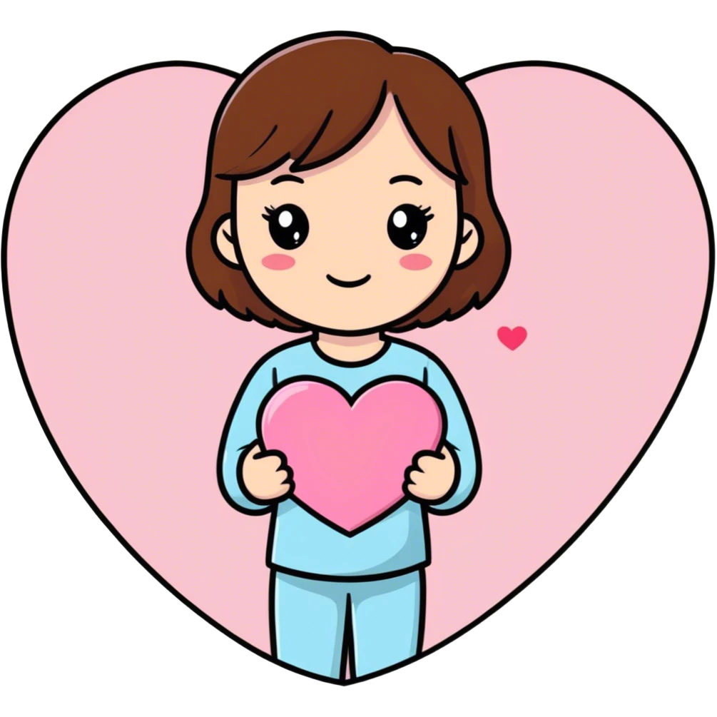 A girl with brown hair holding a pink heart emoji