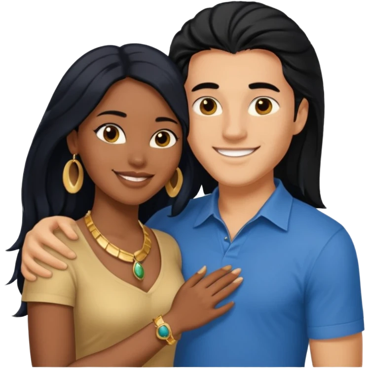 smiling embracing interracial couple from waist up. ebony woman with long hair and jewelry. brazillian man short hair wearing blue. emoji