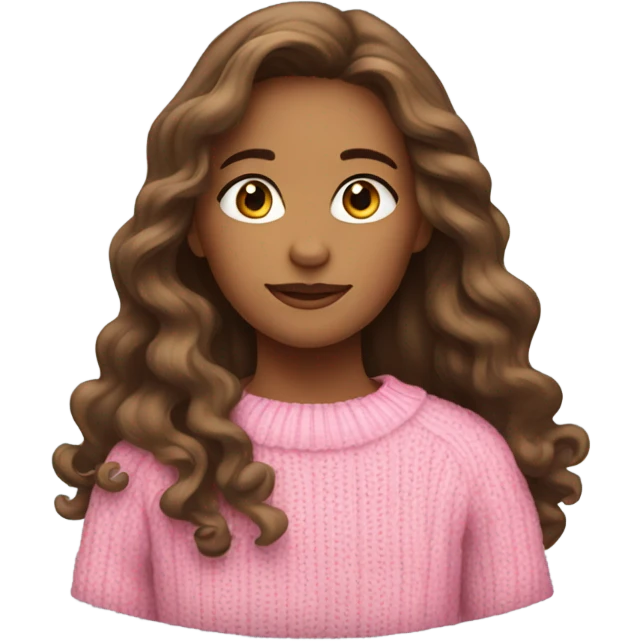 Girl with long brown wavy hair, she is wearing pink sweater emoji