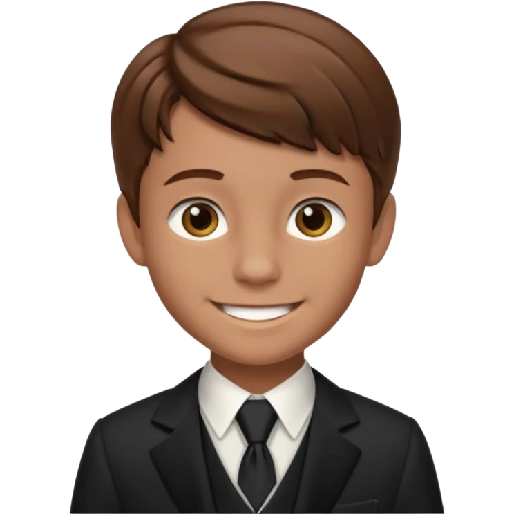 smiling boy in formal attire with brown here  emoji