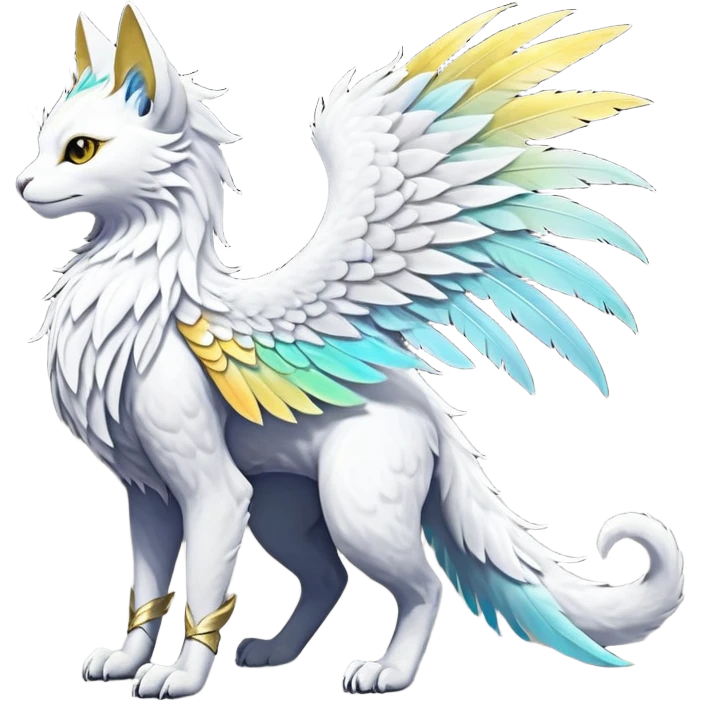 White Iridescent Colorful Exotic White, Gold, Yellow, Silver, Beaked Feathery Nocturnal Neon-glowing Abyssal Lightly Heaven-Cat-Gryphon-Suicune-Nargacuga-Silvally-Vernid-Sergal-Fakémon-Hybrid-Creature with tufted tail (full body) emoji