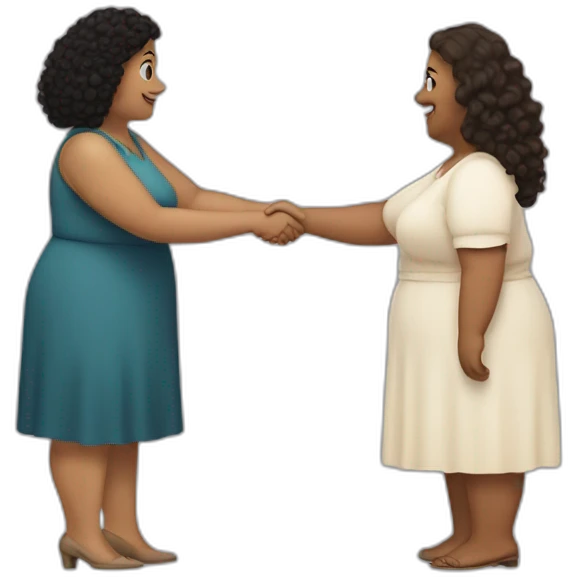 tan chubby woman with black curly hair shakes hands with a chubby pale woman who has straight light brown hair emoji