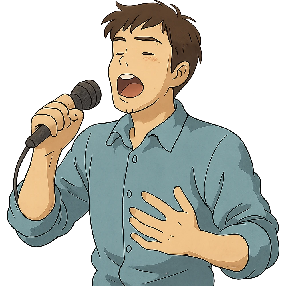 ghibli style man aged about 30 singing emoji