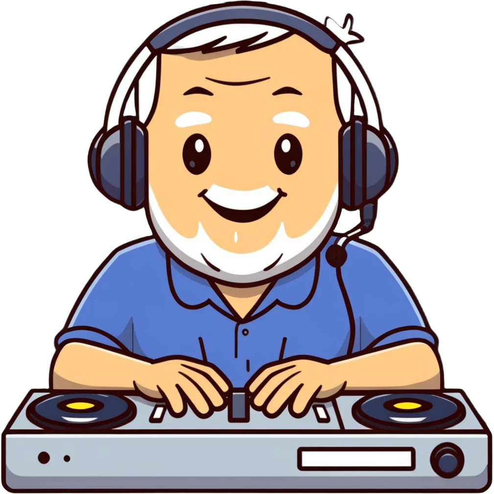 senior Caucasian male, smiling, using an audio console emoji