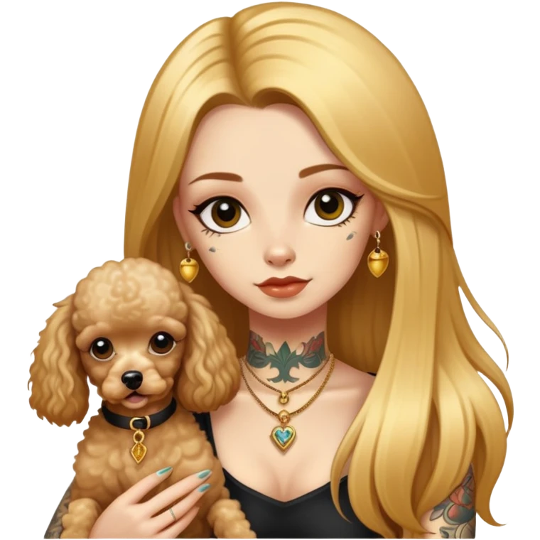 a  girl with glod  straight long hair and tattoos and two miniature poodles emoji