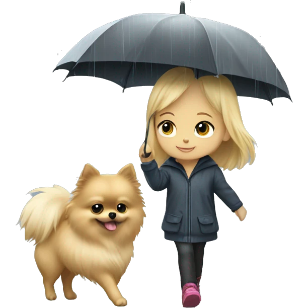 Blonde girl walking tiny pomeranian under the rain emoji