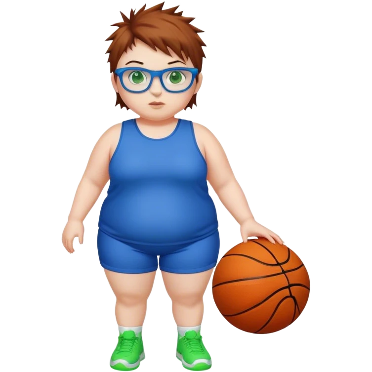 Full Body white chubby Girl with basketball spikey short brown hair  wearing blue glasses with green eyes emoji