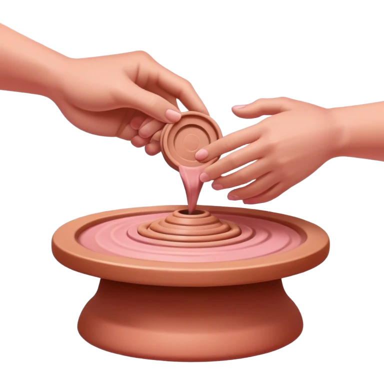 thumbs pressing downward into the center of pink clay to open it on a spinning pottery wheel emoji