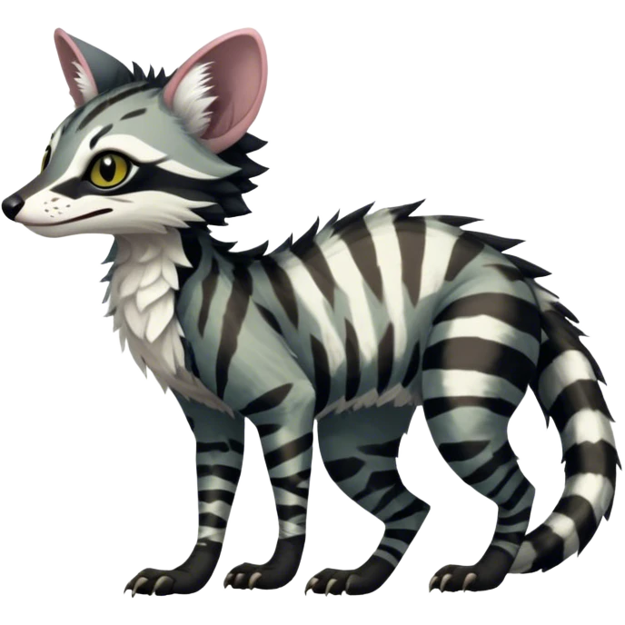 Feral Rare Fantasy dark tropical Vernid-Sergal-Genet-Trico-species by LiLaiRa, random markings, tufted tail, tufted ears, full body, 4 legs emoji