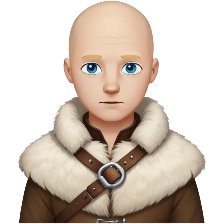 medieval outfit worn by a DnD themed fantasy character. basic rough-spun tunic with a fur-lined collar and a leather strap across the chest. clothes only above the waist. The clothes full waist. The character's haven't arms. character is bald, blue eyes, white-skinned man. emoji