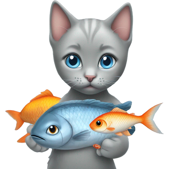 blue eyes grey kitten and fish are friends  emoji