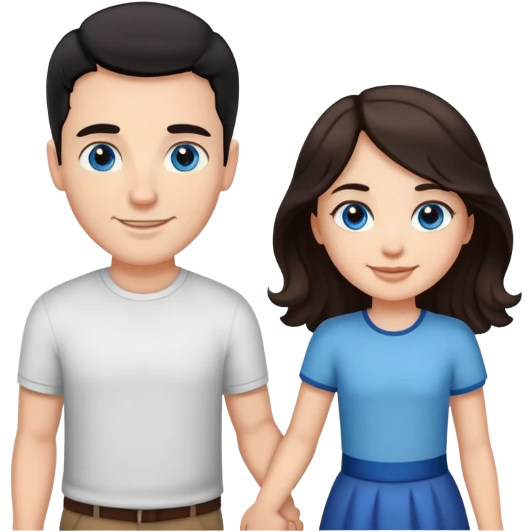 Strong white man with short black hair and brown eyes and white girl with long wavy brown hair and blue eyes holding hands emoji