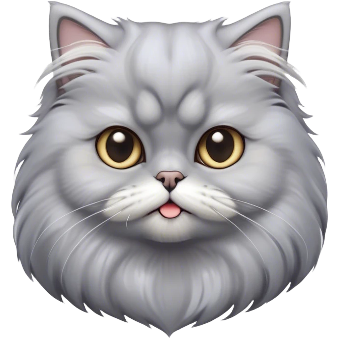 Cinematic Derpy Grey Persian Cat Portrait Emoji, Head tilted playfully with an adorably awkward expression, fluffy grey fur with soft silver undertones, Simplified yet hilariously derpy features, highly detailed, glowing with a warm but slightly confused glow, high shine, a mix of lazy and clueless, stylized with a touch of whimsy, bright but with a completely derpy and grumpy face, soft glowing outline, capturing the essence of a quirky yet chubby, grumpy kitty, so endearing it feels like it could stretch out of the screen and demand attention with its wonderfully derpy charm! emoji