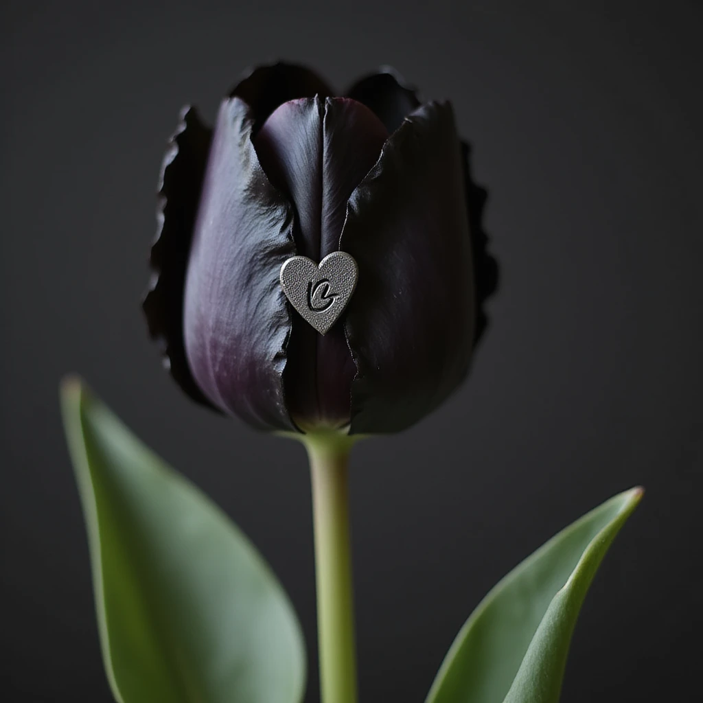 realistic goth tulip with black petals and heart-shaped tag, photorealistic style emoji