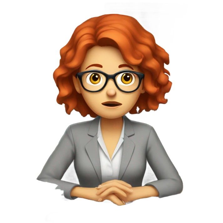 red hair woman wearing glasses sad frustrated desk monitor stack paper emoji