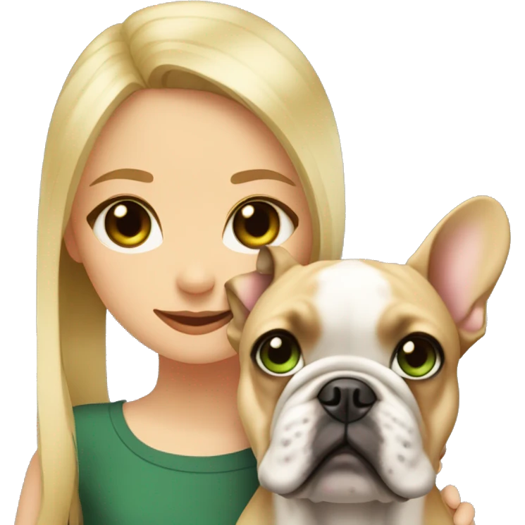 A blonde girl with green eyes with a square hugs a French bulldog with brown eyes and dark gray fur emoji