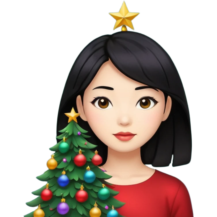 a asian woman whose black hair is a Christmas tree emoji
