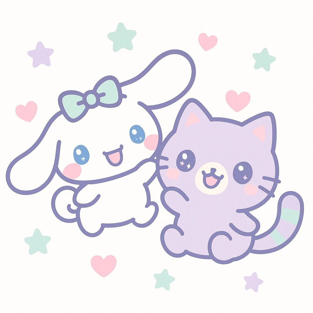 Cinnamoroll and a cute cat together, kawaii style, soft colors, big eyes, playful pose emoji