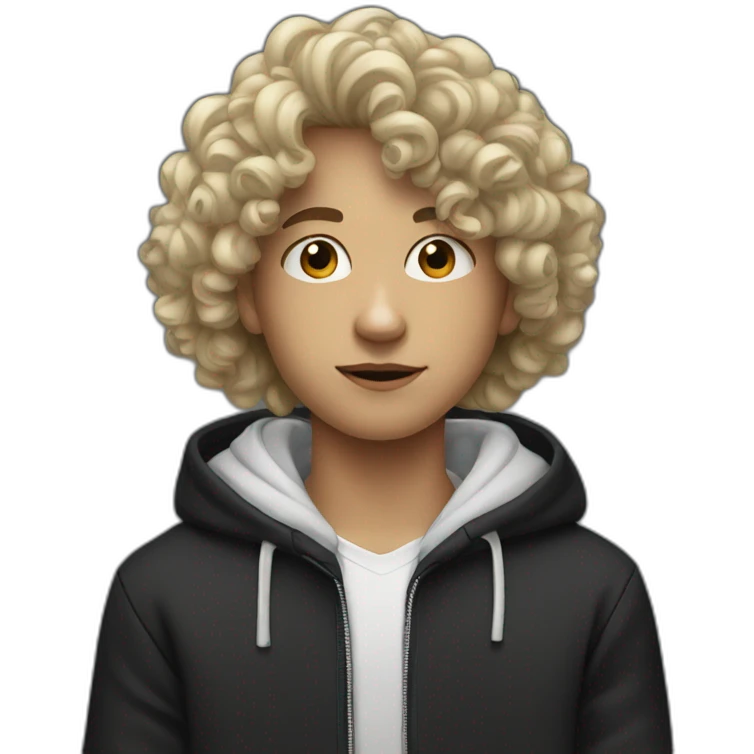 A white teenager with curly hai and big nose with black hoodie emoji