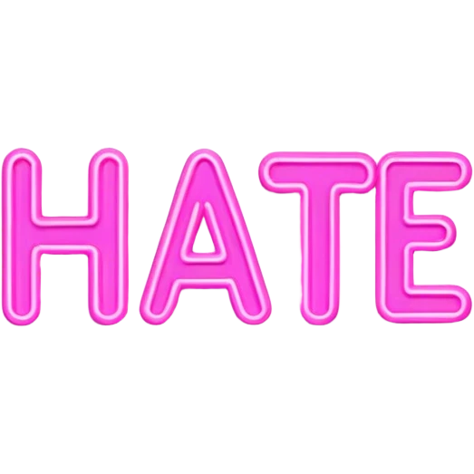 Pink neon sign with the word hate emoji