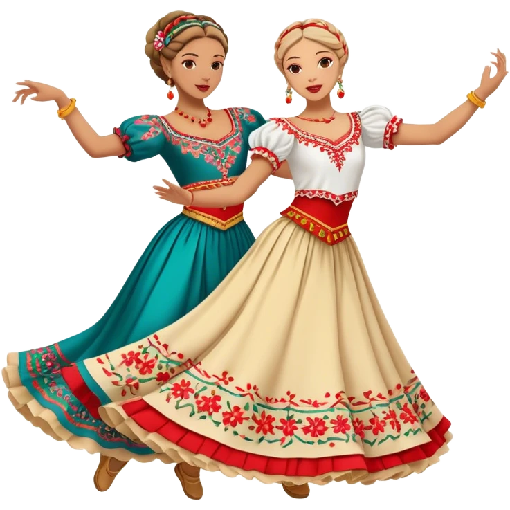 Cinematic Realistic scene of two dancers performing the Tarantella, dressed in vibrant, flowing traditional costumes with detailed embroidery and dynamic skirts, captured in festive motion with warm, lively lighting emoji