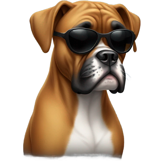 Boxer dog with completely black sunglasses and with a pimp face emoji