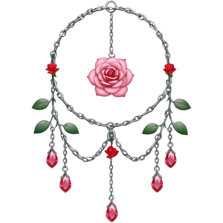 Rose-pink-metal-chained rose-quartz-crystallic romantic delicate fine pretty suncatcher  with tiny red roses, silvery vines, tiny quartz crystals emoji