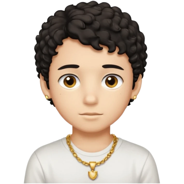 a boy with short black curly hair and brown eyes with white t-shirt and gold jewelry  emoji