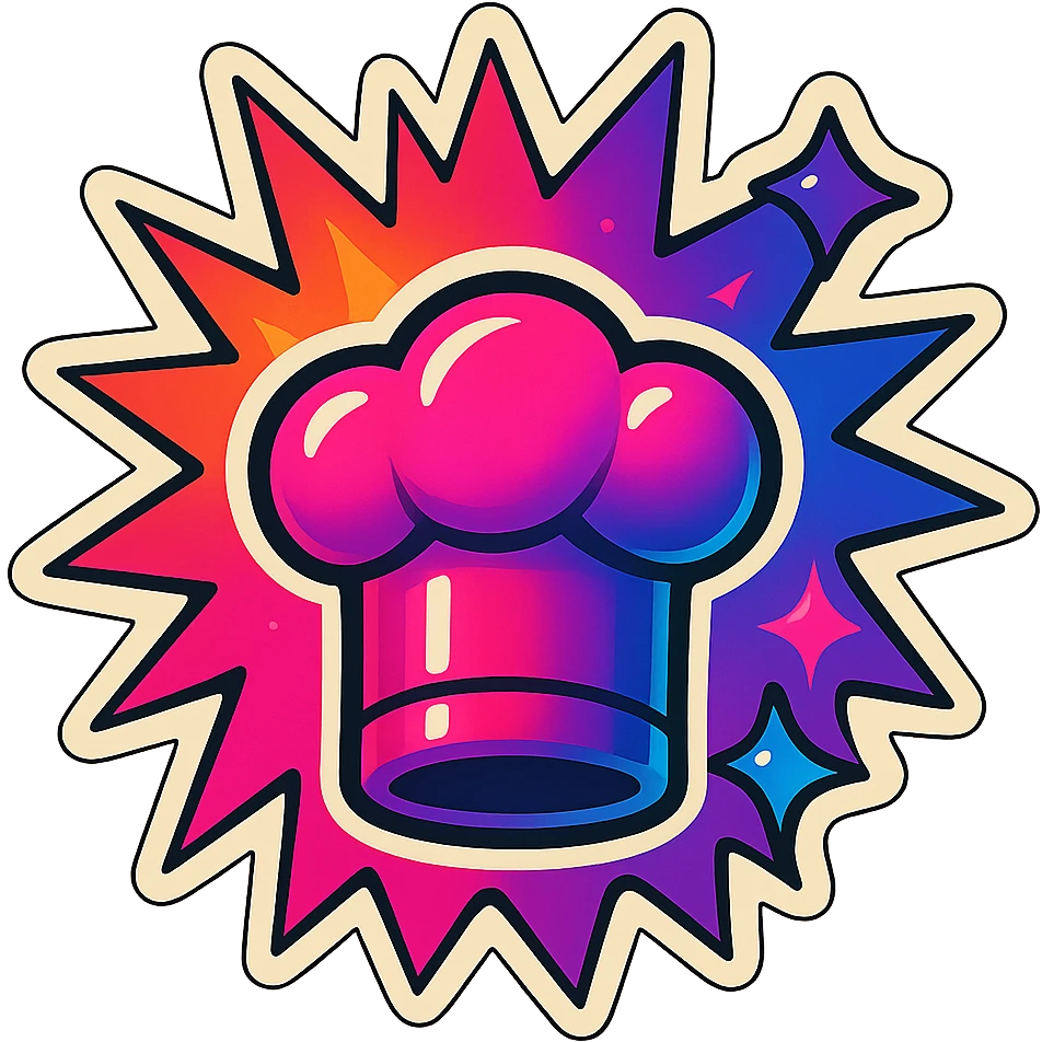 chef's hat, lot of colors explosions, playful and modern with gradient FF4D67, 9D34FF gradient, border black, vibrant, matching image reference  emoji