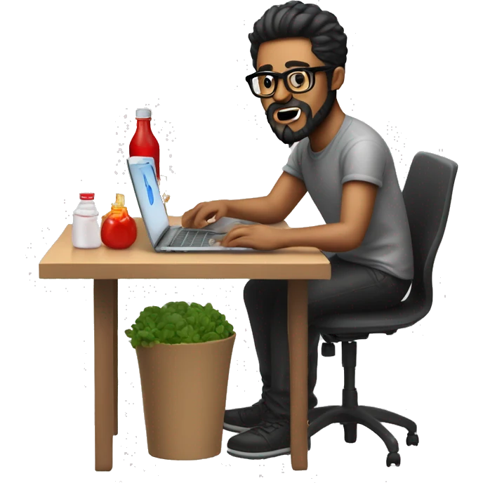 Designer with black hair, beard and glasses working with MacBook and ketchup bottle emoji