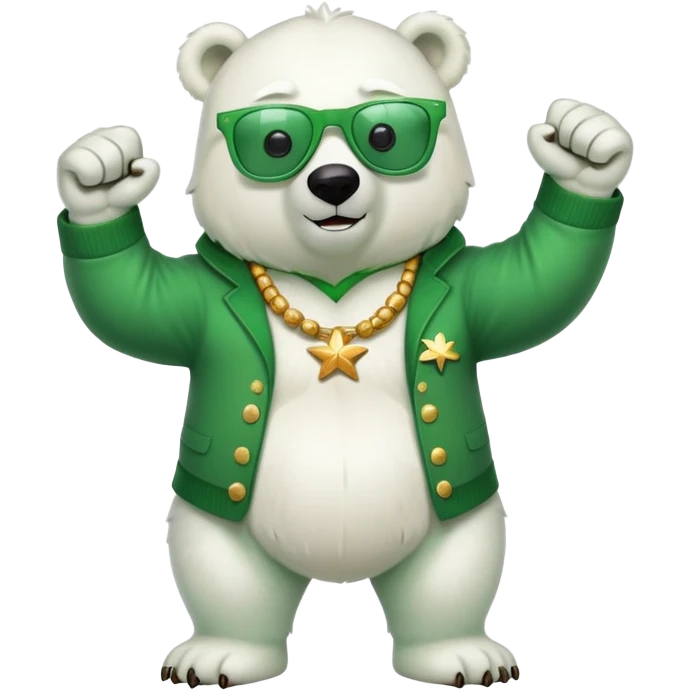 full body friendly anthropomorphised polar bear wearing oversized colorful star glasses and festive St. Patrick's Day outfit doing a fist pump emoji