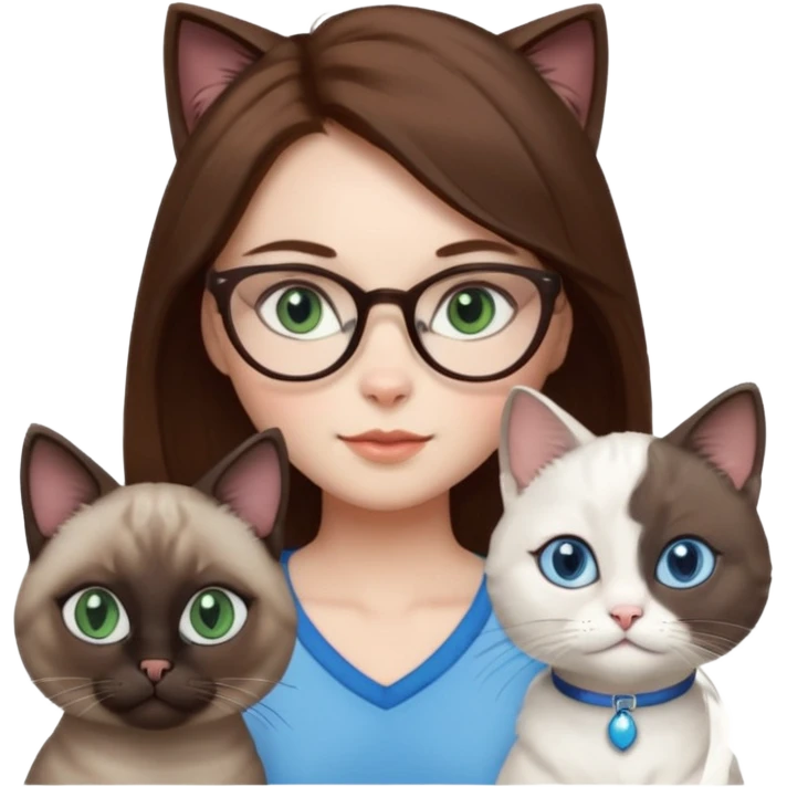 O data cu parul saten ,ochii griji-albastrii ,ochelari și codițe de pisica ..și langa o pisicuță alba pufoasa ,cu ochii verzi și o a doua pisica siameza pufoasa cu capul maro -negru și coada ,restul corpului un maro deschis spre alb  , ochii albaștrii  emoji