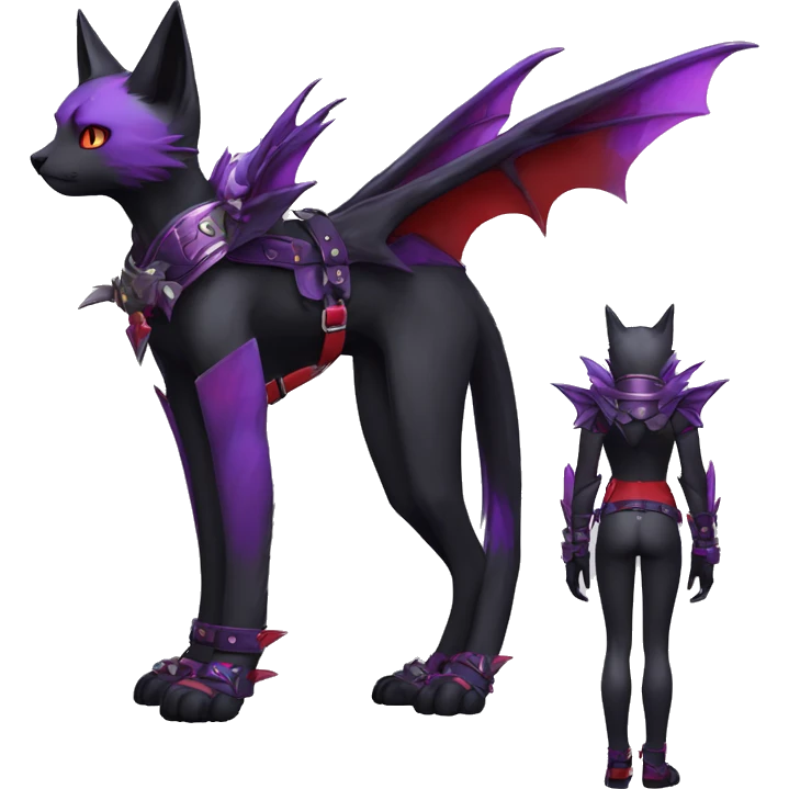 Anthro sona cool cute pretty black punk red Purple ethereal fantasy nargacuga-bat-cat-Fakemon spiked collar harness full body emoji