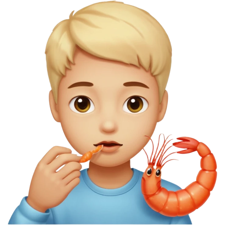 Emoji-style person tasting a weird-looking shrimp, curious expression, cute rounded face, soft shading emoji