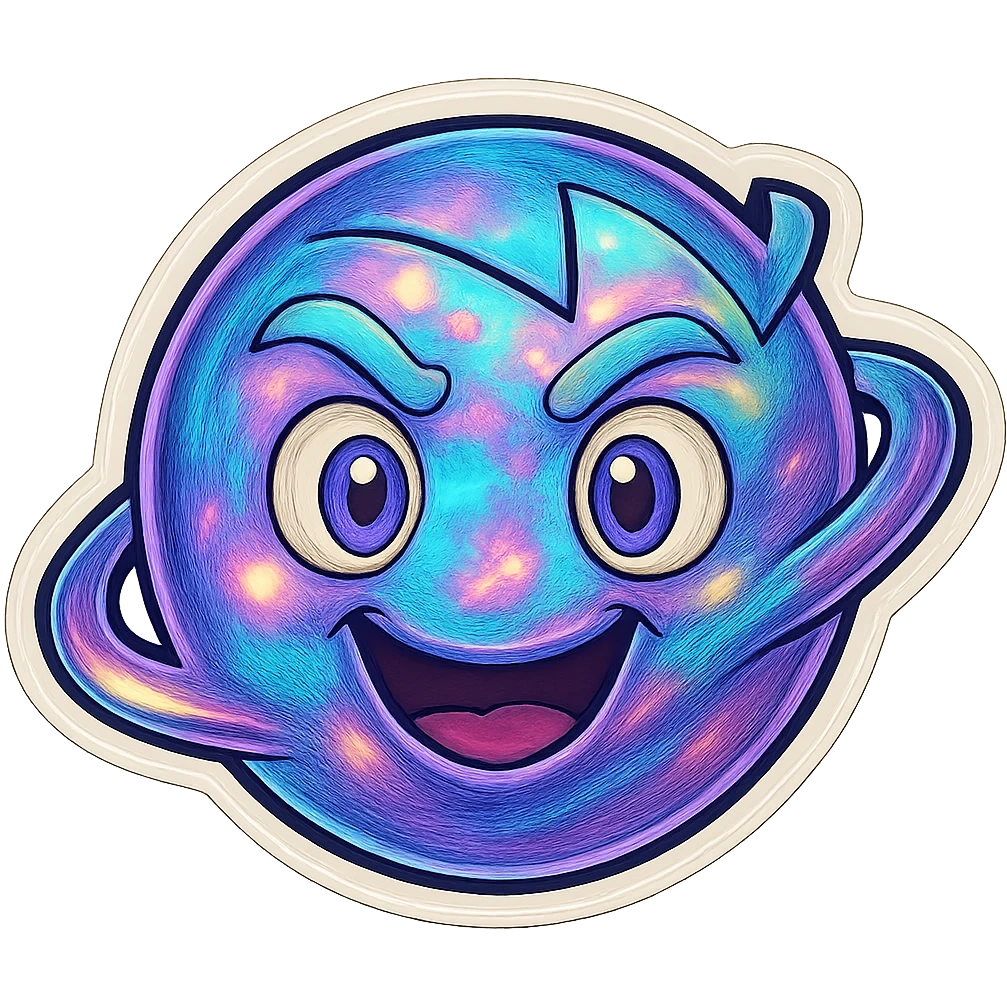 Refine this emoji to clearly look like a planet: keep the opal-like iridescent texture, wild electric energy, and playful, eccentric face, but emphasize a round planetary shape with visible rings and planetary features. Keep the background transparent. emoji