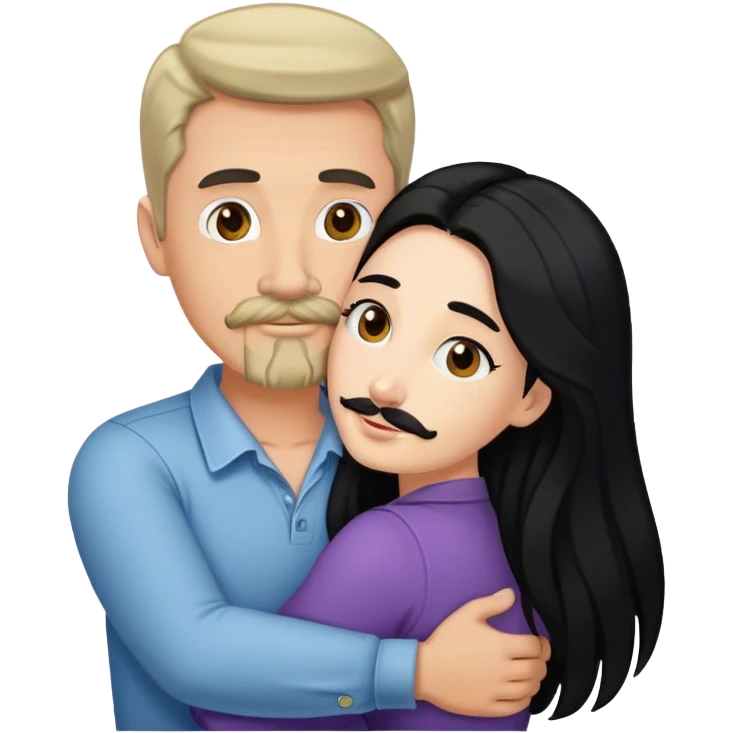 Tall white man with brown mustache goatee AND a short pale woman with long black hair, hugging emoji