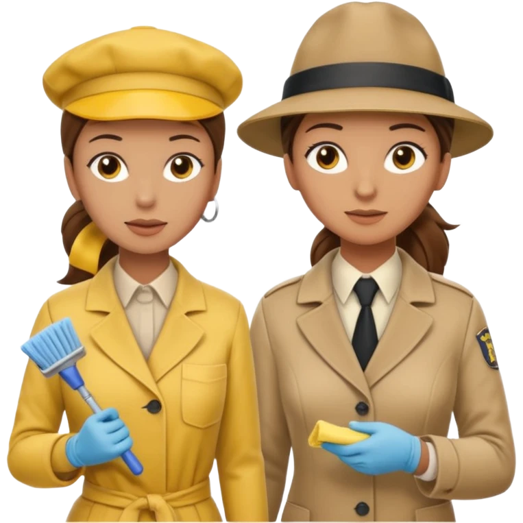 A cleaning Lady with Brown hair, high ponytail and yellow cleaning gloths is Talking to a Detektive (a man) with beige hat, a beige coat and he is interviewing the cleaning Lady emoji