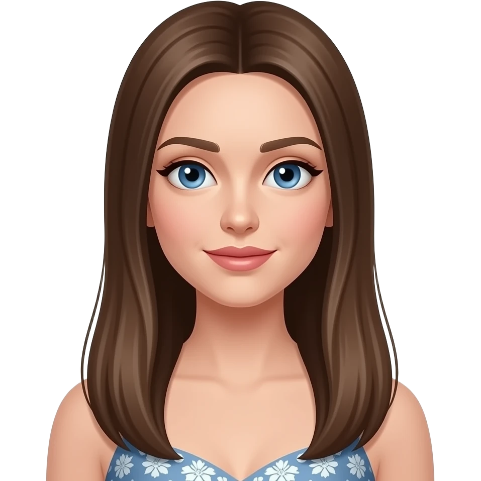 femme, cheveux bruns longs et raides, yeux bleus pétants, en robe emoji