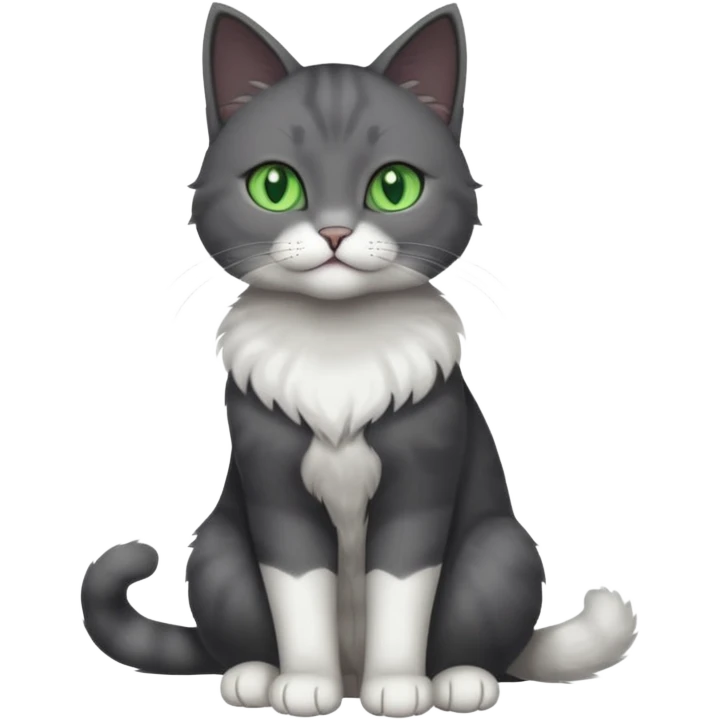 full body view of beautiful female solid dark grey cat with green eyes, white toes/paws and white patch on her chest emoji