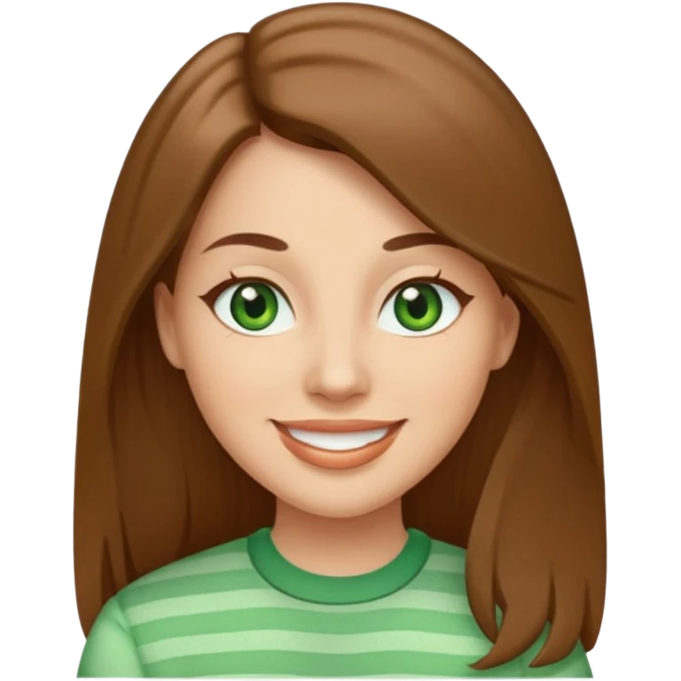 Adult woman avatar, light skin tone, oval face, straight long brown hair, green eyes, neutral mouth, seersucker emoji
