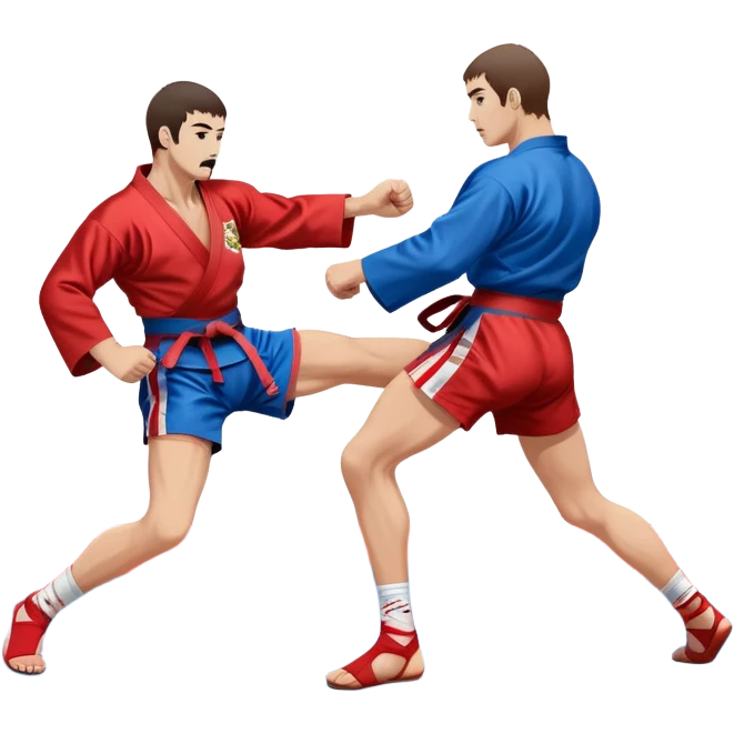 Two Sambo fighters in blue and red kimonos, with shorts and wrestling shoes, performing grappling and throwing techniques. The background shows a wrestling mat and an intense, focused atmosphere. Transparent background highlights the fluidity and skill of the sport without strikes. emoji