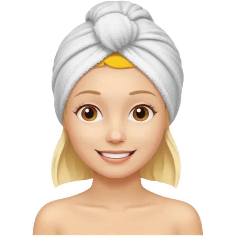 mulher branca e loira com toalha na cabeça tipo spa emoji