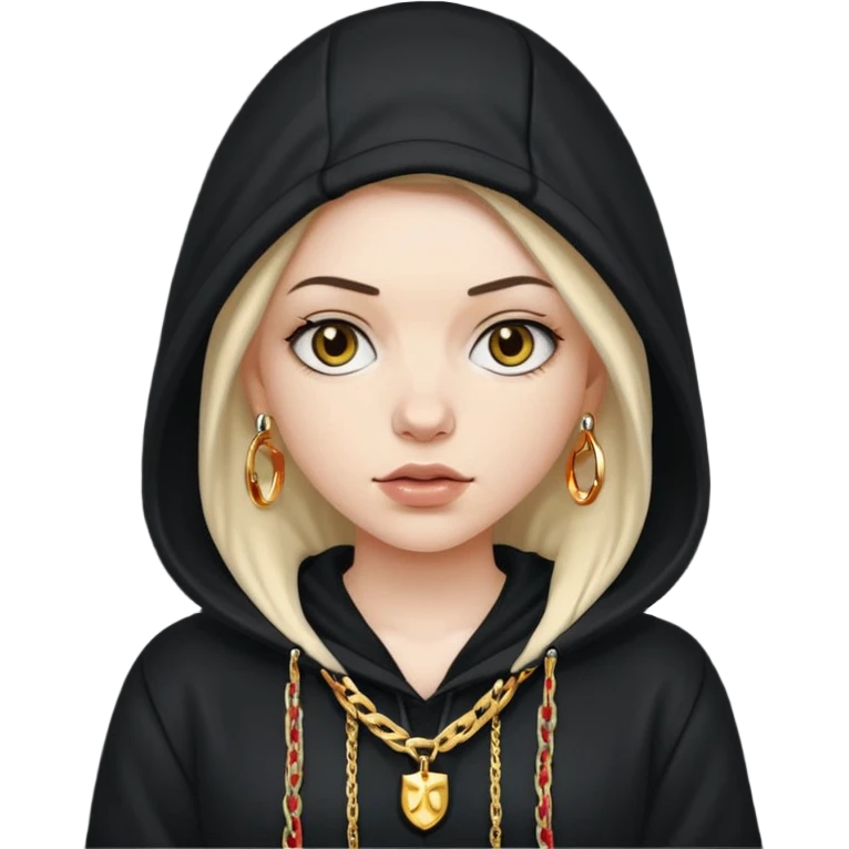 white girl with a hood on with dark hair looking like a rapper emoji