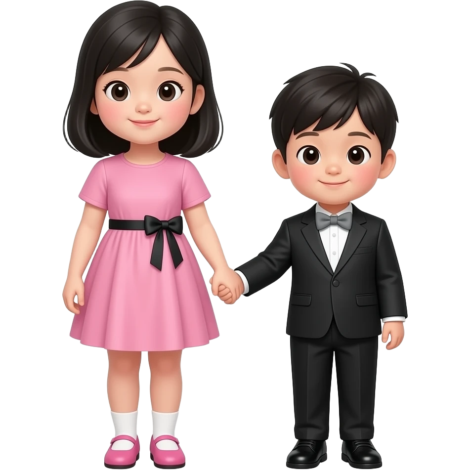 한국인 남매(7세 누나와 3세 남동생)가 손잡고 정면을 바라보고있어. 누나키가 훨씬 크지. 동생은 누나의 팔꿈치까지의 신장이야. 둘다 상꺼풀이 없고, 누나는 분홍 원피스에 검정리본이 장식되어 있는 원피스를 입고 분홍구두를 신고있어. 머리는 검정색 가슴기장으로 묶지 않고 있어. 오른쪽 남동생은 검정 정장을 입고 회색 나비넥타이를 매고 있고 검정 구두를 신고 있어. emoji