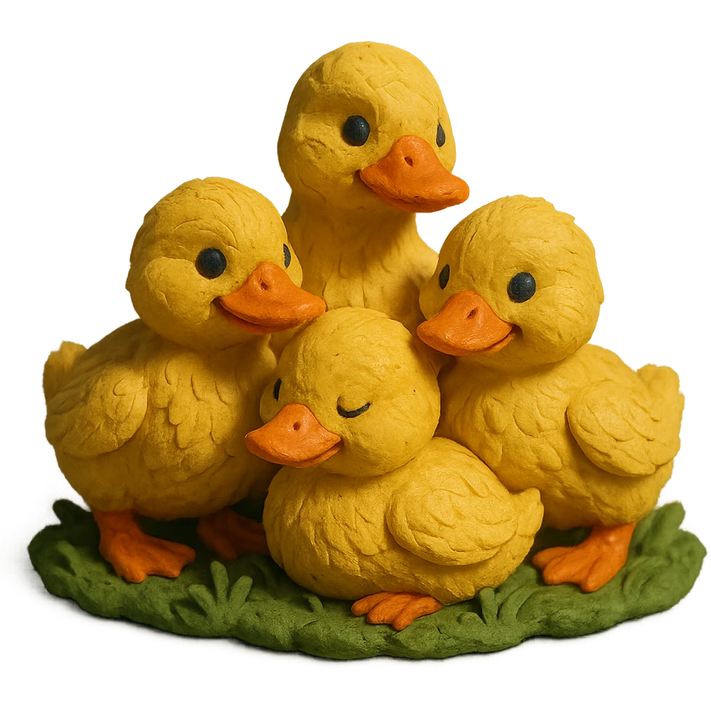 ducklings huddled together on grass, cozy and cheerful, detailed feathers, claymation style emoji