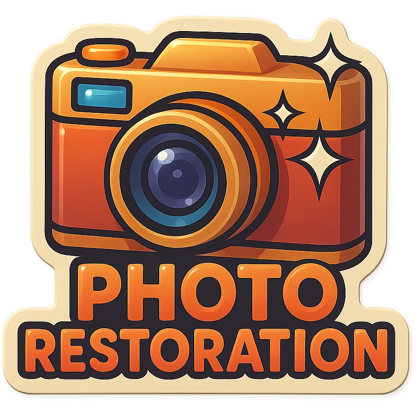 logo for photo restoration with vintage camera and sparkles, retro style emoji