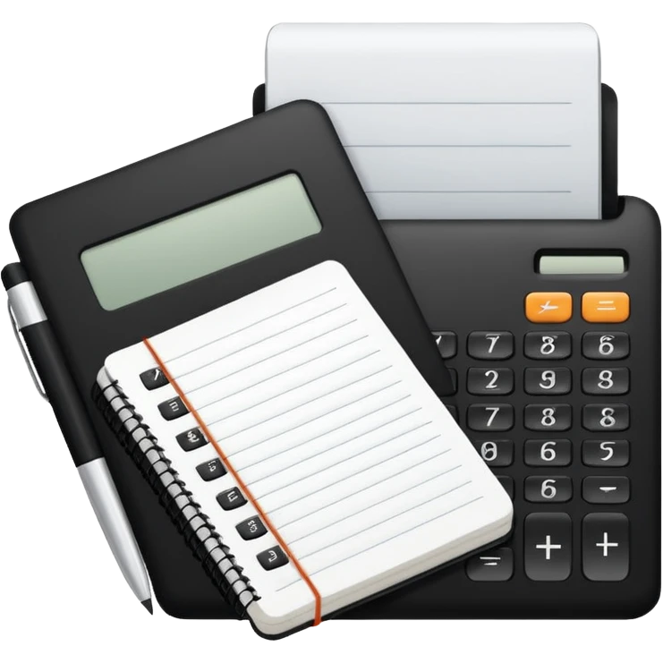 Minimalistic flat vector icon, iOS style, thin black contour on white background. Small black notebook with visible binding, placed next to a calculator. Clean, modern, no text, no shadows. emoji