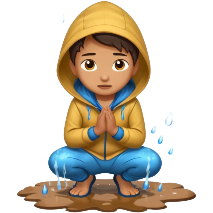 Character kneeling as rain hits the ground, one drop splashing exaggerated emoji