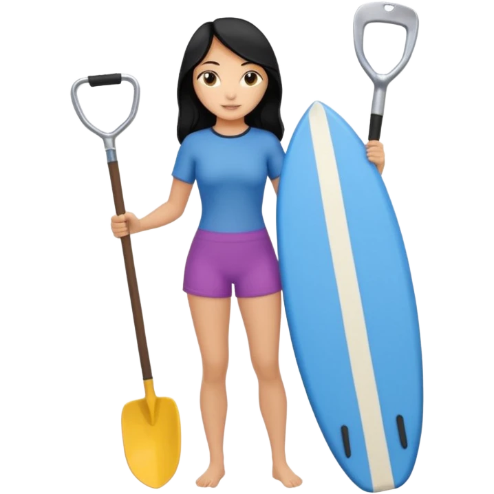 Surfer(woman) black hair holding her cell phone and long garden shovel with another hand. Under her feet, there is one blue surfing board. emoji