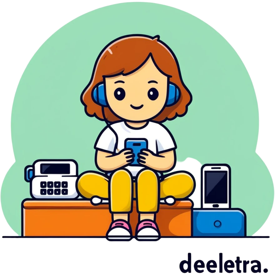 A cartoon-style sticker of a girl sitting in a phone with the text "Доделаем завтра." Use the provided photo as a reference for the character. Add a white outline to the sticker. Style the text to match the cartoon style. emoji